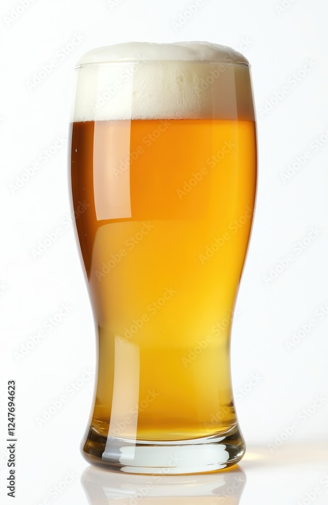 Full golden beer glass isolated white background. Frothy top. Fresh brew. Cold refreshment. Perfect drink. Transparent glass. Single object. No people. Full golden beer glass isolated white background. Frothy top. Fresh brew. Cold refreshment. Perfect drink. Transparent glass. Single object. No people.
