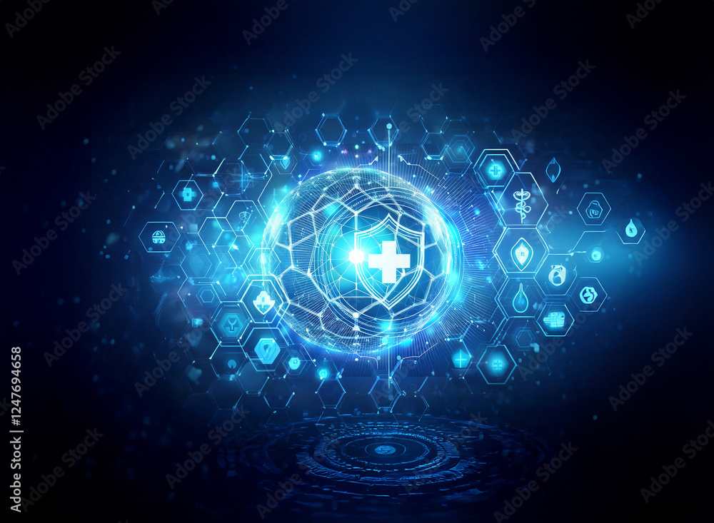 Obraz premium Futuristic blue sphere with a plus sign at the center, surrounded by hexagonal icons representing medicine and technology, glowing digital network.