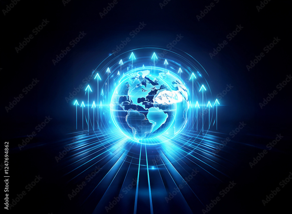Obraz premium Glowing blue globe with upward arrows symbolizes global progress and technological advancement. Bright light rays emanate from below, suggesting growth and future direction.