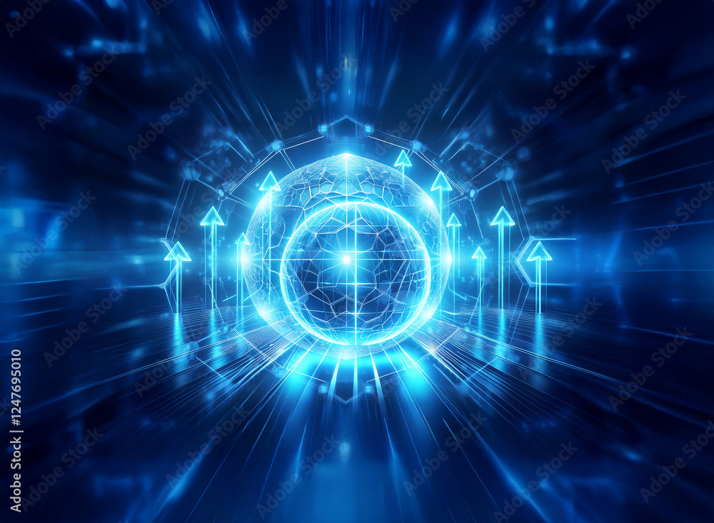 A captivating abstract digital artwork with a central glowing blue sphere surrounded by geometric shapes and radiating light beams, creating a dynamic futuristic and technological scene. A captivating abstract digital artwork with a central glowing blue sphere surrounded by geometric shapes and radiating light beams, creating a dynamic futuristic and technological scene.