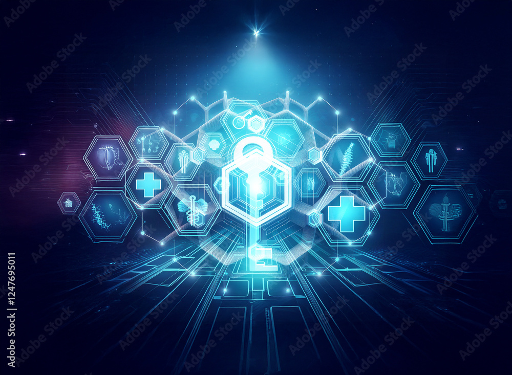 Futuristic digital medical icons in a hexagonal grid with a central lock, featuring a blue glow effect, representing healthcare technology and data security. Futuristic digital medical icons in a hexagonal grid with a central lock, featuring a blue glow effect, representing healthcare technology and data security.