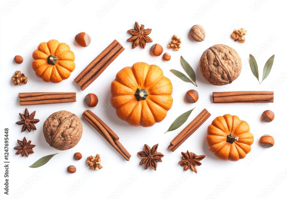 Fototapeta premium Vibrant Autumn Composition with Pumpkins, Nuts, Spices, and Natural Elements on White Background for Seasonal Decoration and Culinary Inspiration