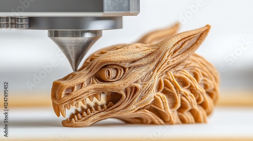 3D Printed Light Brown Dragon Head Sculpture Close Up photo