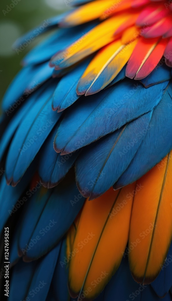 Obraz premium Close-up view of vibrant toucan feathers. Colorful plumage with blue, orange tones. Feathers appear soft, delicate. Stunning natural texture. Beautiful tropical bird. Perfect for wallpapers,