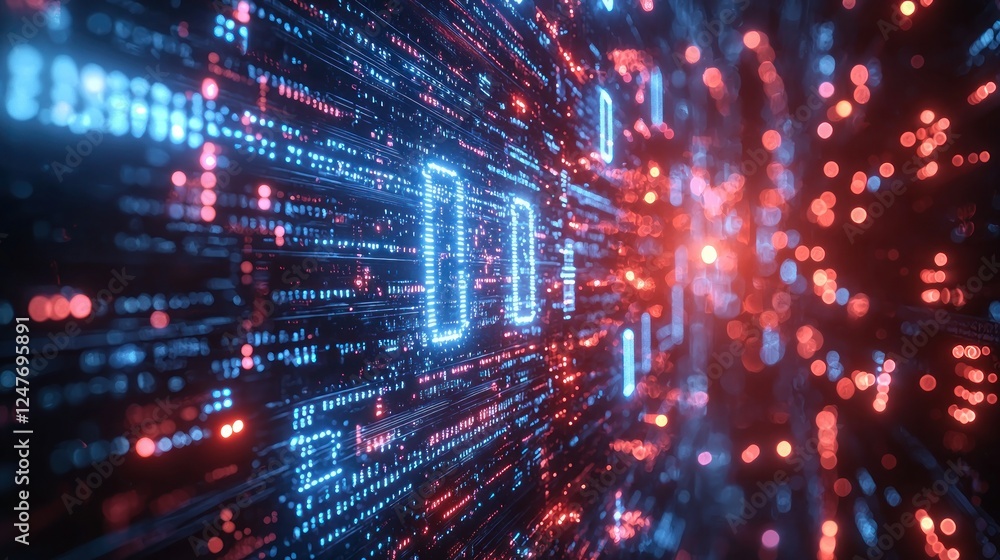 Obraz premium Digital data stream, binary code, technology, glowing particles background, website header