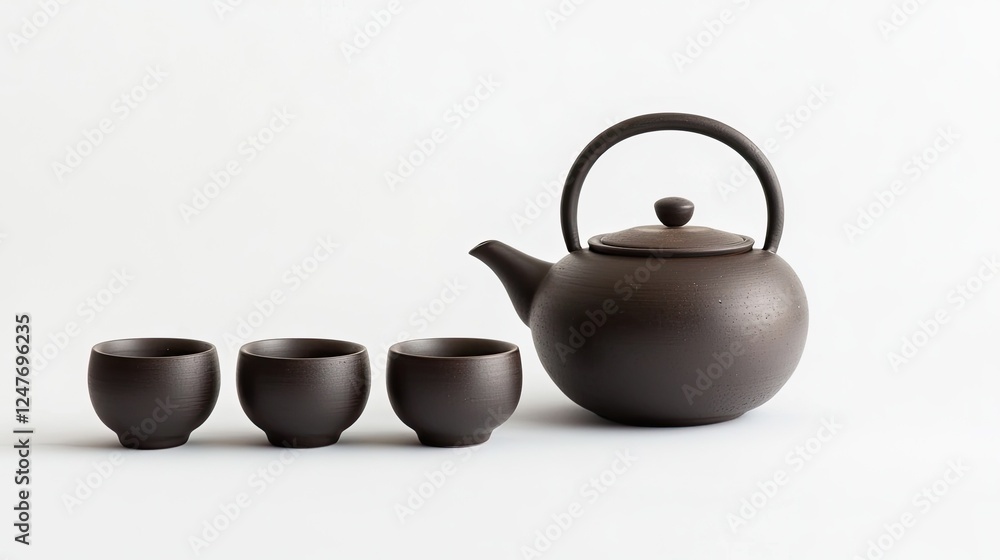 Dark brown teapot and three matching cups on white background. Dark brown teapot and three matching cups on white background.