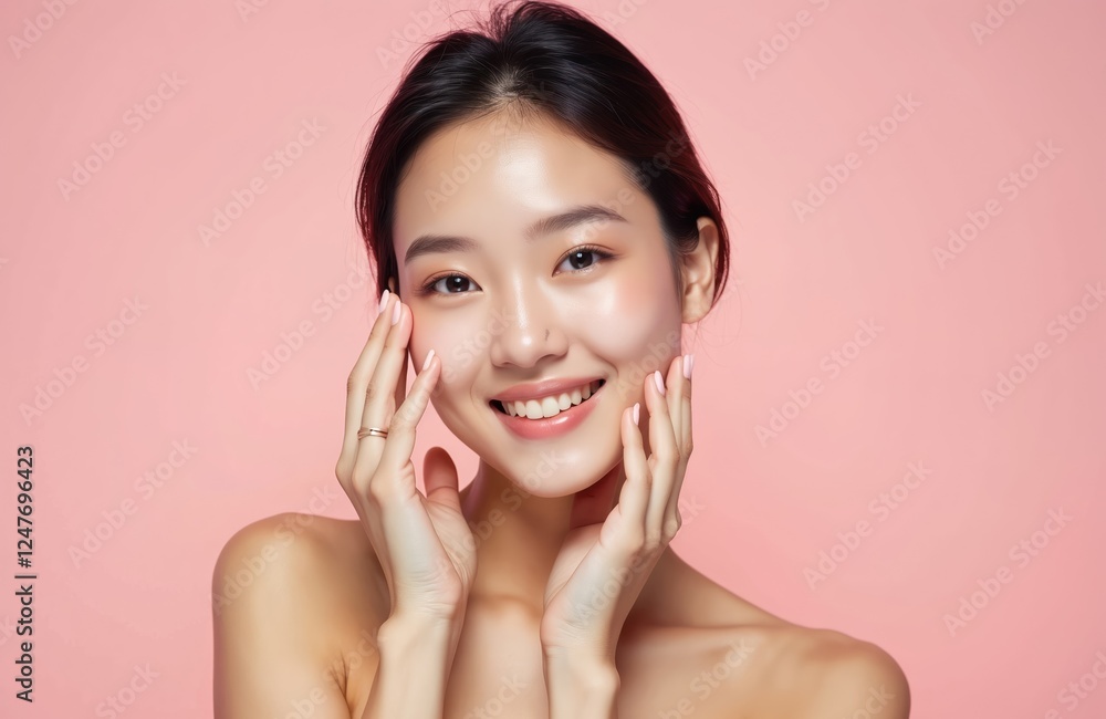Young Asian woman with fresh skin smiles happily. Hands gently touch face. Beautiful skin care concept. Studio portrait against pink background. Beauty, health product ad, skin treatment, cosmetology Young Asian woman with fresh skin smiles happily. Hands gently touch face. Beautiful skin care concept. Studio portrait against pink background. Beauty, health product ad, skin treatment, cosmetology