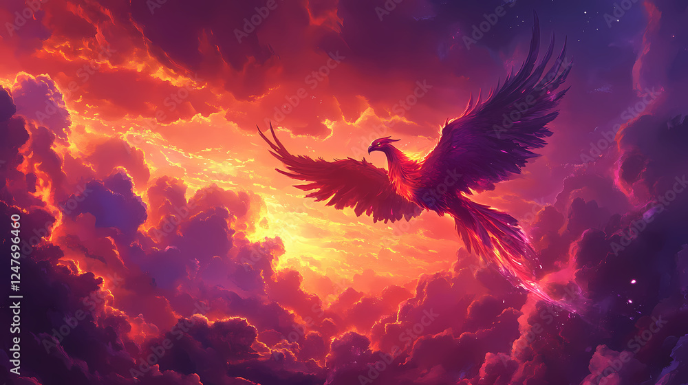 Obraz premium A majestic phoenix flying through vibrant clouds at sunset, symbolic of rebirth and transformation. Symbolic Rebirth. Illustration