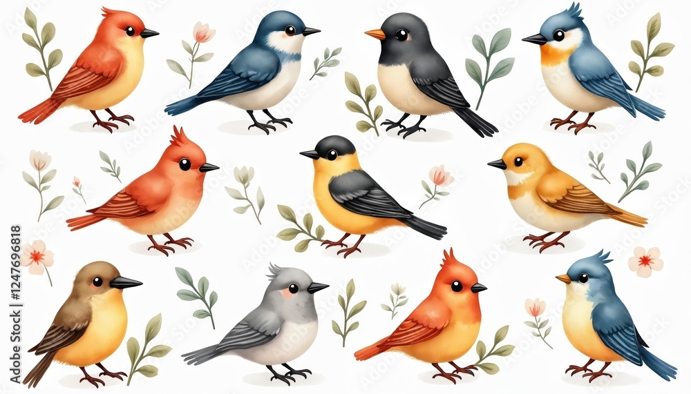 Fototapeta premium Cute cartoon birds in watercolor style. Colorful birds set with various colors like red orange yellow blue, gray. Birds on transparent background. Small flowers, leaves surrounding birds. Adorable,