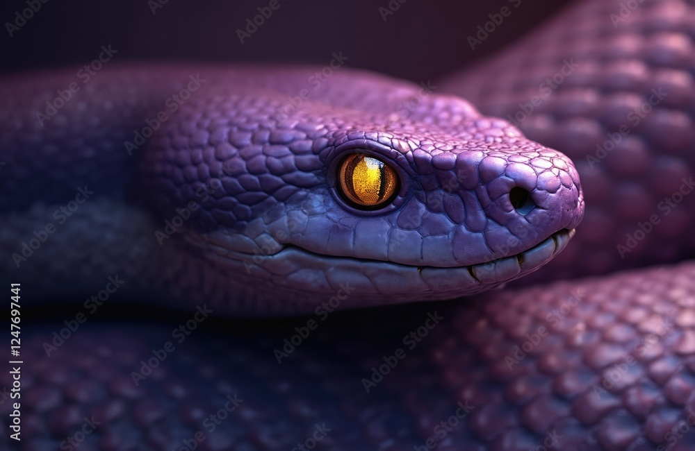 Close-up view of purple snake head. Eyes yellow, piercing. Snake skin textured, detailed. Scales prominent. Snake looks dangerous, watchful. Seems to fantasy creature. Exotic reptile looks like Close-up view of purple snake head. Eyes yellow, piercing. Snake skin textured, detailed. Scales prominent. Snake looks dangerous, watchful. Seems to fantasy creature. Exotic reptile looks like