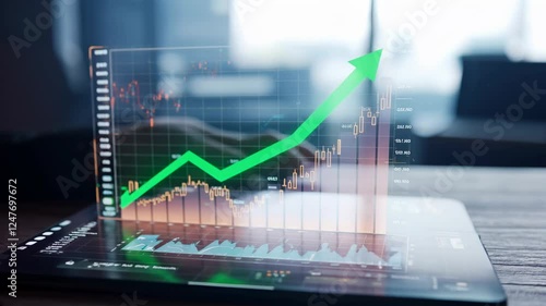 The green arrow of the revenue growth graph on the holographic display. Sales growth. Cryptocurrency theme. The growth of investment. 