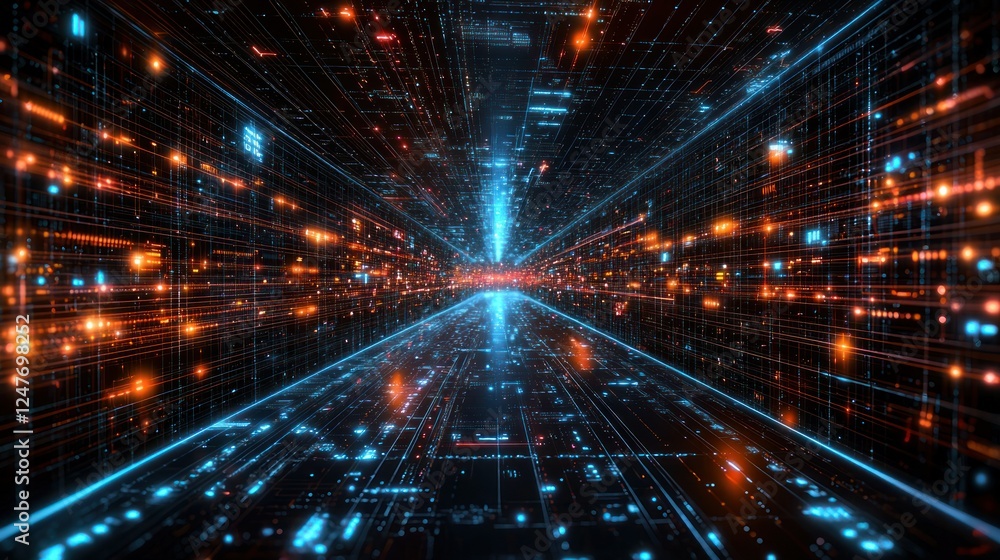 Digital data stream tunnel, glowing lines, future tech, network background, website header Digital data stream tunnel, glowing lines, future tech, network background, website header