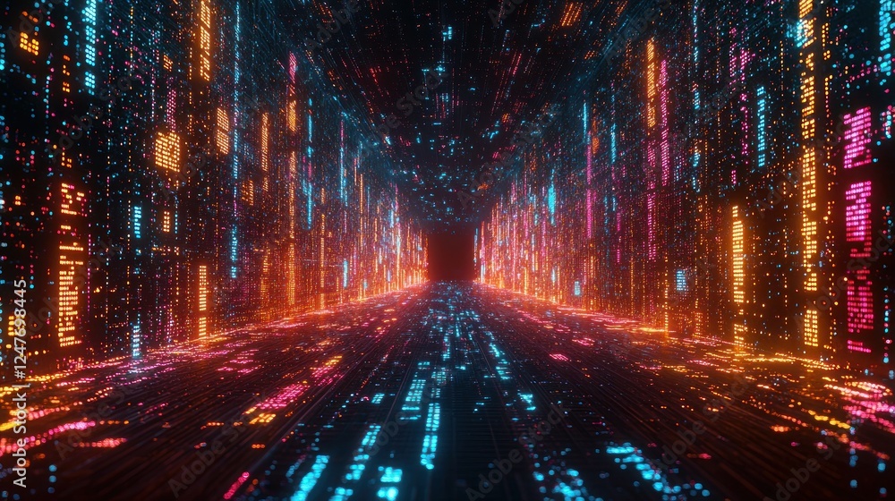 Naklejka premium Digital data stream tunnel, glowing code, abstract background, tech concept
