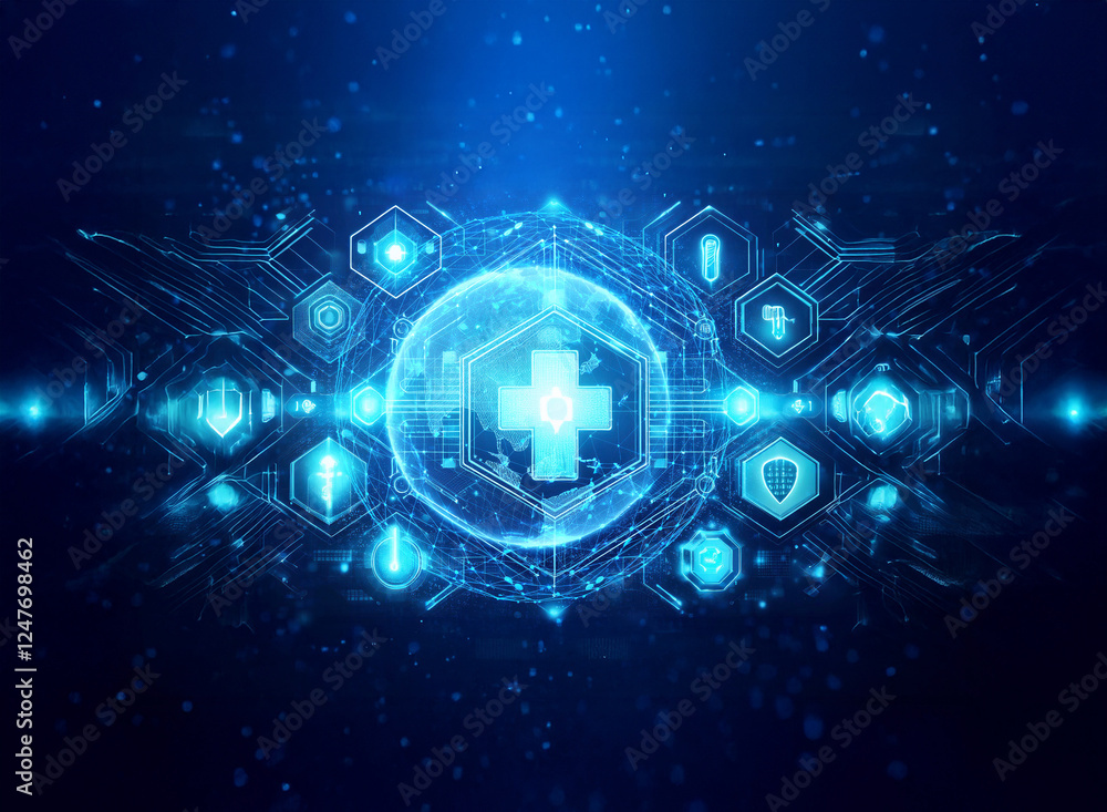 Futuristic blue medical cross surrounded by digital icons and hexagons on a dark blue background with glowing particles. Futuristic blue medical cross surrounded by digital icons and hexagons on a dark blue background with glowing particles.