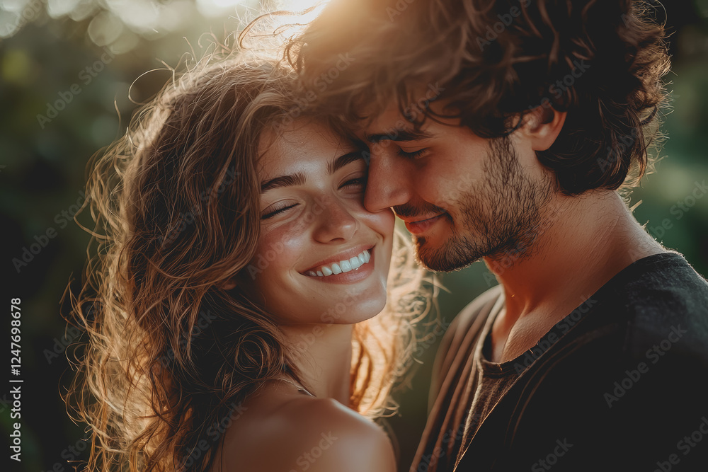 Couple embracing and smiling together in the warm sunlight outdoors in a natural setting Couple embracing and smiling together in the warm sunlight outdoors in a natural setting