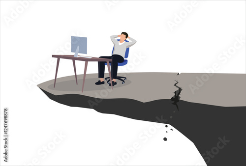 Businessman relaxing on his chair on the cracked cliff edge, comfort zone, risk, danger concept