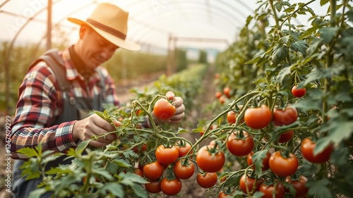 Farmer in greenhouse picking ripe tomatoes, cultivating fresh produce, cultivation, harvest