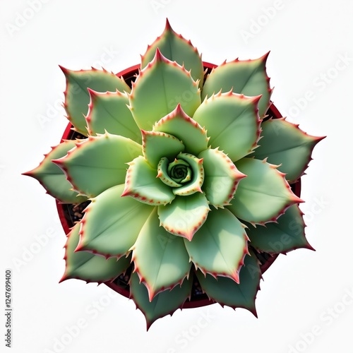 Succulent plant in red pot. Top view of vibrant green succulent plant with reddish edges on leaves. Plant rosette shape, looks healthy. Ideal for eco lifestyle theme nature design. Illustration photo