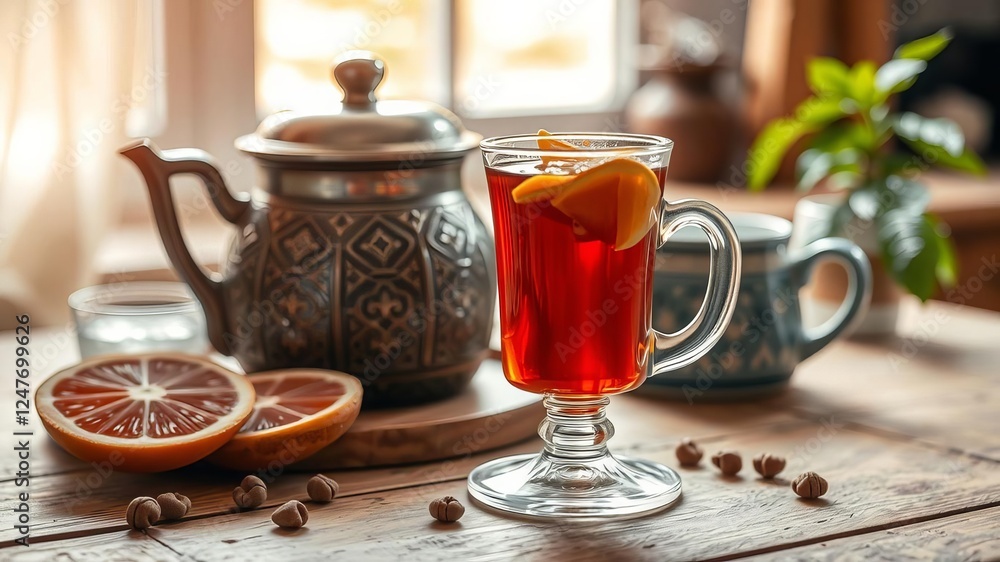 Fototapeta premium Glass of hot Turkish tea on wooden table in cozy kitchen setting with copy space for text or design, cozy atmosphere, rustic