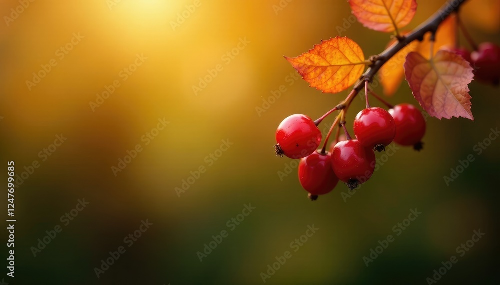 Autumn berries and leaves on a branch with background, nature, forest, berry bushes