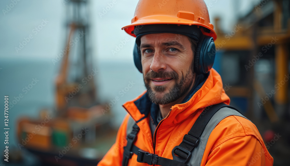 Offshore worker smiles. Oil, gas industry worker in bright orange protective clothing. Safety equipment like hard hat, ear protection visible. Industrial site on ocean. Focus on person wearing Offshore worker smiles. Oil, gas industry worker in bright orange protective clothing. Safety equipment like hard hat, ear protection visible. Industrial site on ocean. Focus on person wearing