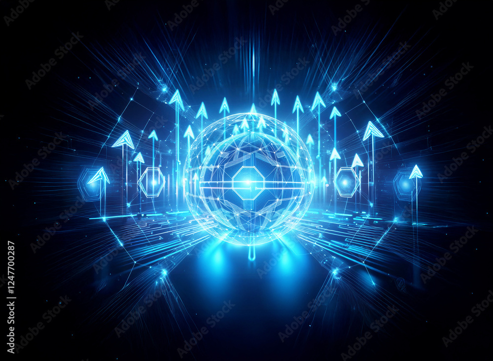 Futuristic blue technology design with glowing arrows pointing upwards, radiating light and energy from a central point on a dark background. Futuristic blue technology design with glowing arrows pointing upwards, radiating light and energy from a central point on a dark background.