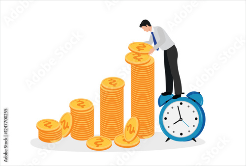Long term investing or savings for retirement fund, compound interest or investment growth, tax time reminder concept, businessman on alarm clock put more dollar coin money to increase his savings.