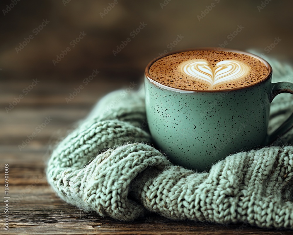 Cozy latte art coffee cup in teal mug, sweater, wood Cozy latte art coffee cup in teal mug, sweater, wood