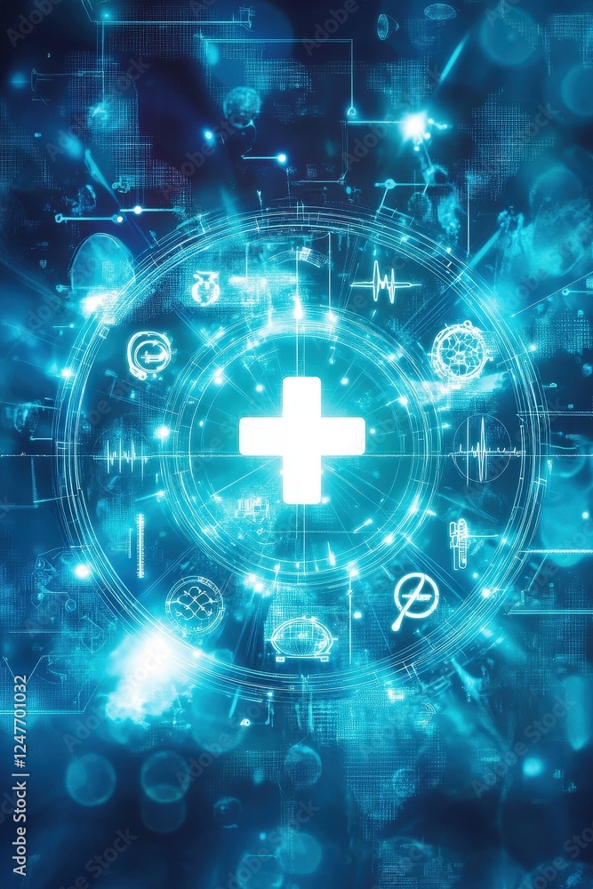 A dynamic depiction of global medical symbols interconnected in a futuristic design A dynamic depiction of global medical symbols interconnected in a futuristic design