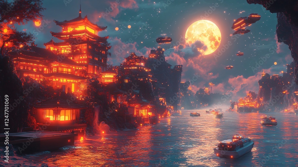 Obraz premium Sci-fi Bali at night with neon Uluwatu temple, glowing waves, and floating vehicles. A cyberpunk-inspired paradise under a bright full moon