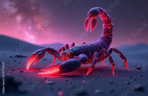 Neon red stinger glows on dark nebula scorpion. Astrological sign Scorpio. Dark nebulae body with neon purple space background. Mystical design for October November horoscope. Digital art poster photo