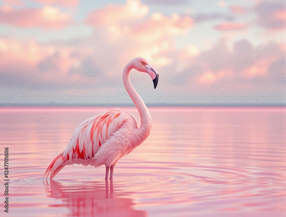Fototapeta premium Graceful flamingo posing in tranquil pink lake at sunset with soft pastel clouds