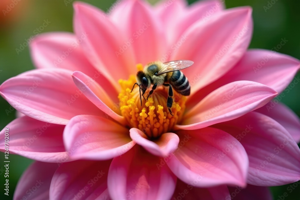 Delicate petals unfurl around a honeybee's fuzzy body, bees, insect on flower, dahlia Delicate petals unfurl around a honeybee's fuzzy body, bees, insect on flower, dahlia