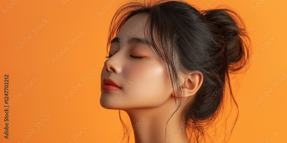 Contemplative moment of a young woman vibrant orange background portrait photography indoor setting side profile serenity and beauty concept Contemplative moment of a young woman vibrant orange background portrait photography indoor setting side profile serenity and beauty concept