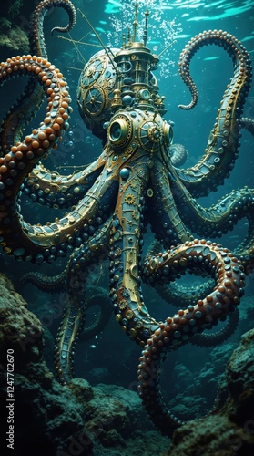 Wallpaper Mural Steampunk octopus: mechanical marvel in underwater exploration setting Torontodigital.ca