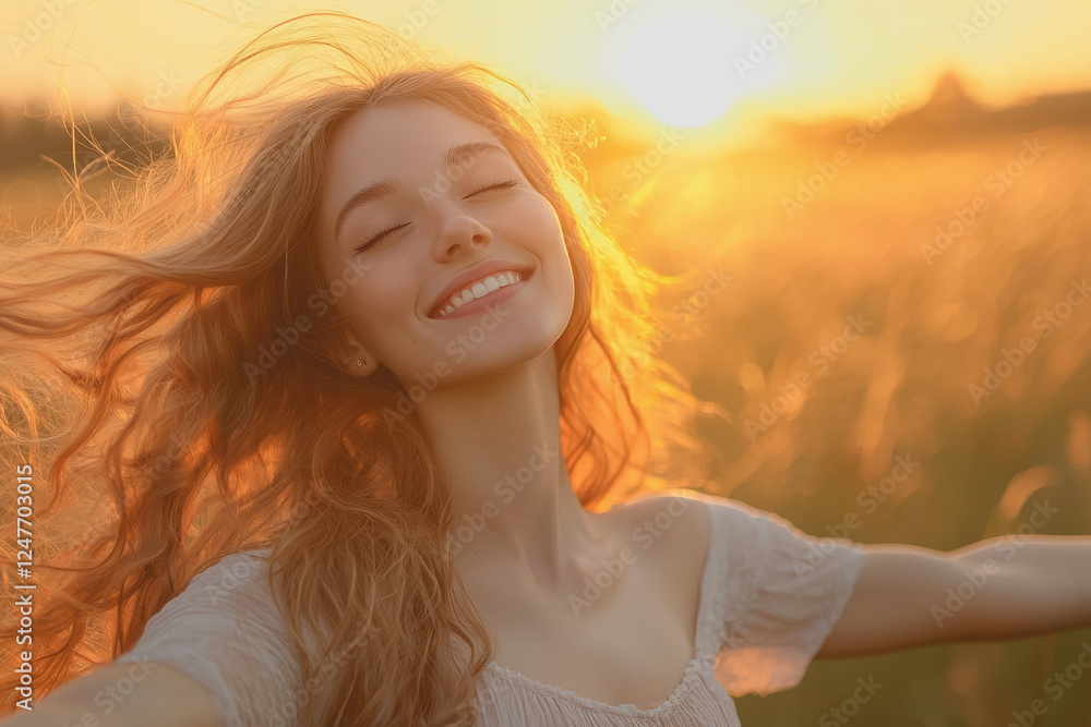 Woman with long hair standing in a green field during daytime surrounded by nature and wildflowers enjoying the outdoors and tranquility of the landscape Woman with long hair standing in a green field during daytime surrounded by nature and wildflowers enjoying the outdoors and tranquility of the landscape