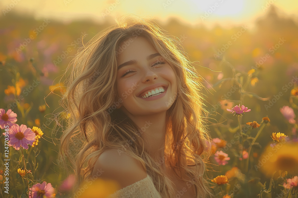 Woman in a field of colorful flowers surrounded by nature enjoying a sunny day outdoors with a bright blue sky and vibrant blooms in the background Woman in a field of colorful flowers surrounded by nature enjoying a sunny day outdoors with a bright blue sky and vibrant blooms in the background