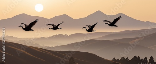 Cranes flying over misty mountains at sunrise photo