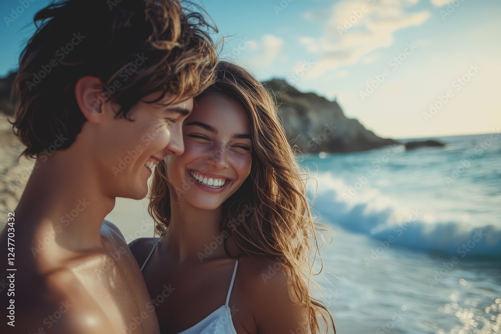 Couple walking hand in hand on a scenic beach at sunset with waves and soft sand surrounding them Couple walking hand in hand on a scenic beach at sunset with waves and soft sand surrounding them