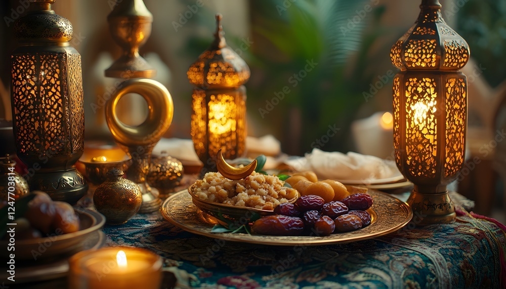 Fototapeta premium A table adorned for Ramadan, featuring dates, sweets, and illuminated lanterns on an ornate tablecloth