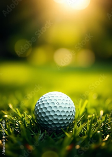 Close-up macro shot of white golf ball on grass with shallow depth of field and sunlit dimples for sport leisure and game backgrounds bokeh green bokeh green abstract background light bright blur patt
