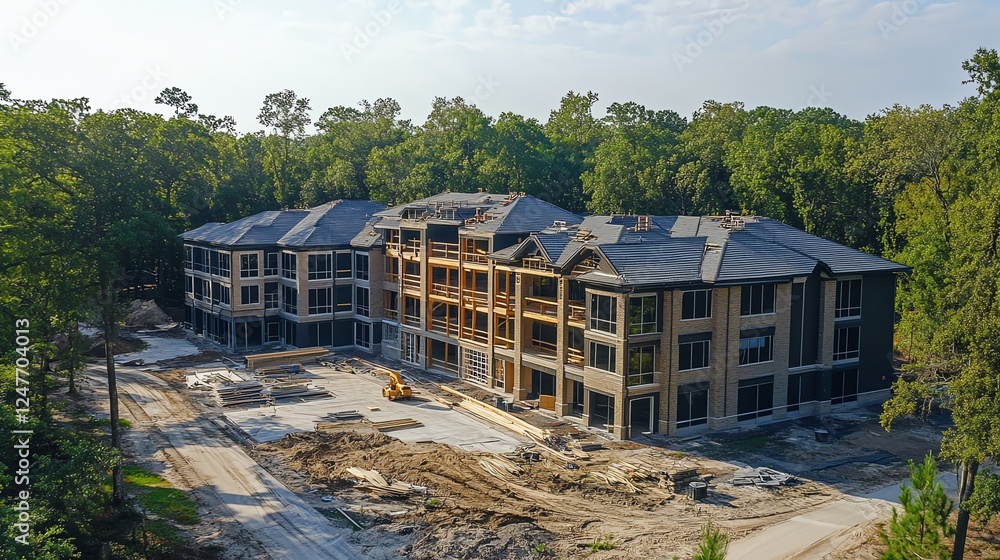 A construction site featuring a multi-story building surrounded by trees, showcasing an incomplete structure with scaffolding and construction debris. A construction site featuring a multi-story building surrounded by trees, showcasing an incomplete structure with scaffolding and construction debris.