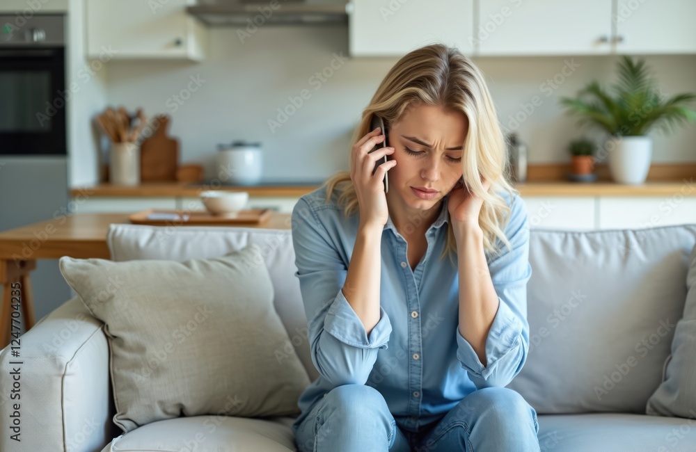Young woman sits on couch talking on phone. Looks stressed, tired. Indoor shot of living room. Woman likely frustrating conversation. Possible topics include customer service issues disagreement. Young woman sits on couch talking on phone. Looks stressed, tired. Indoor shot of living room. Woman likely frustrating conversation. Possible topics include customer service issues disagreement.