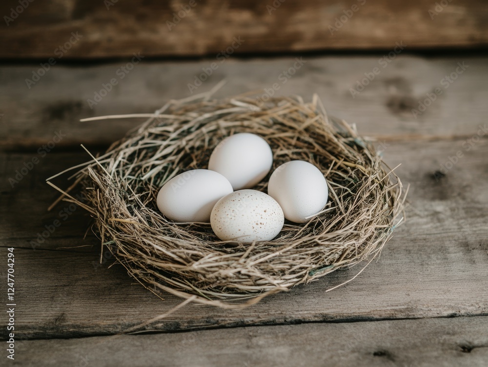 White eggs in a straw nest on a wooden background - ai White eggs in a straw nest on a wooden background - ai