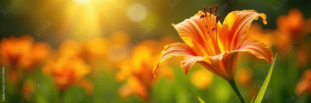 Orange lily flowers dance in the warm sunlight of a summer garden, orange lily, stems Orange lily flowers dance in the warm sunlight of a summer garden, orange lily, stems
