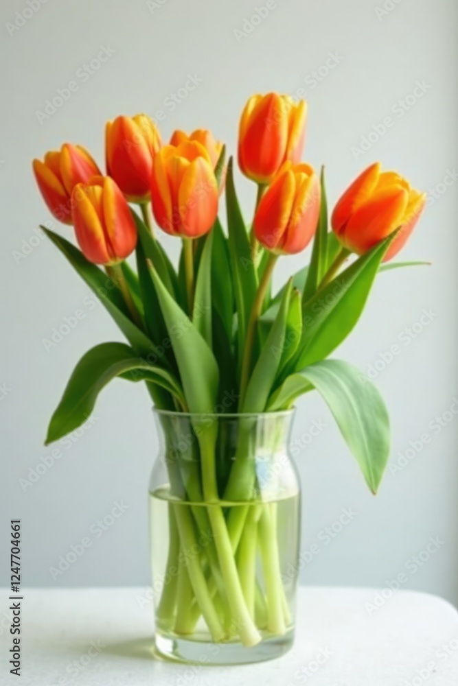 Orange tulips in a vase with green leaves and stems, floral arrangement, glass Orange tulips in a vase with green leaves and stems, floral arrangement, glass