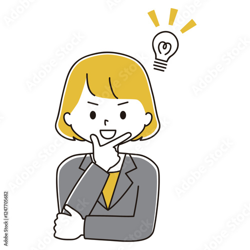 決めポーズ　スーツ姿の女性のイラスト　ひらめく