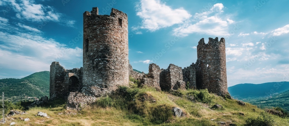 Medieval Castle Ruins on a Hill with Blue Skies and Whispers of History Medieval Castle Ruins on a Hill with Blue Skies and Whispers of History