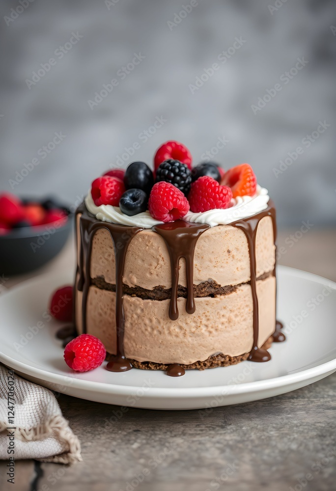 Decadent chocolate mousse cake, fresh raspberries and blackberries, white plate, rustic background, soft focus, food photography, gourmet dessert, rich textures, vibrant colors Decadent chocolate mousse cake, fresh raspberries and blackberries, white plate, rustic background, soft focus, food photography, gourmet dessert, rich textures, vibrant colors