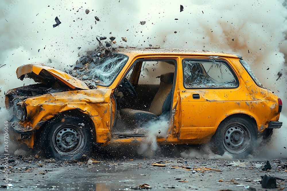Obraz premium Devastation: A wrecked yellow car after a powerful explosion.